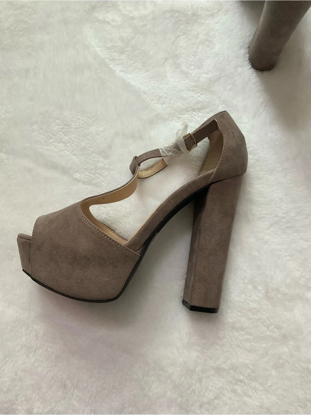 Qupid Taupe Suede Platform T-Strap Block Heels